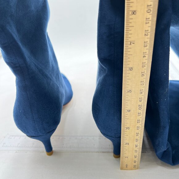 Navy Women Square Toe Knee High Boot Slip On Kitten Low Heel Elegant Winter Shoe - Picture 5 of 8